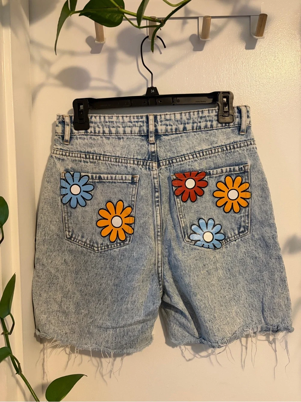 SHEIN Acid Wash Denim Shorts with Daisy Patches